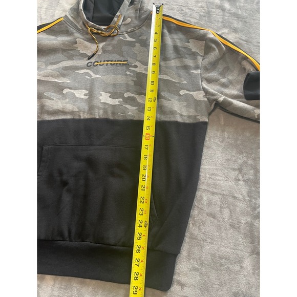 Urban ID Mens‎ Camo Hoodie Black Gray Couture Yellow Stripe Streetwear Medium - Picture 6 of 7